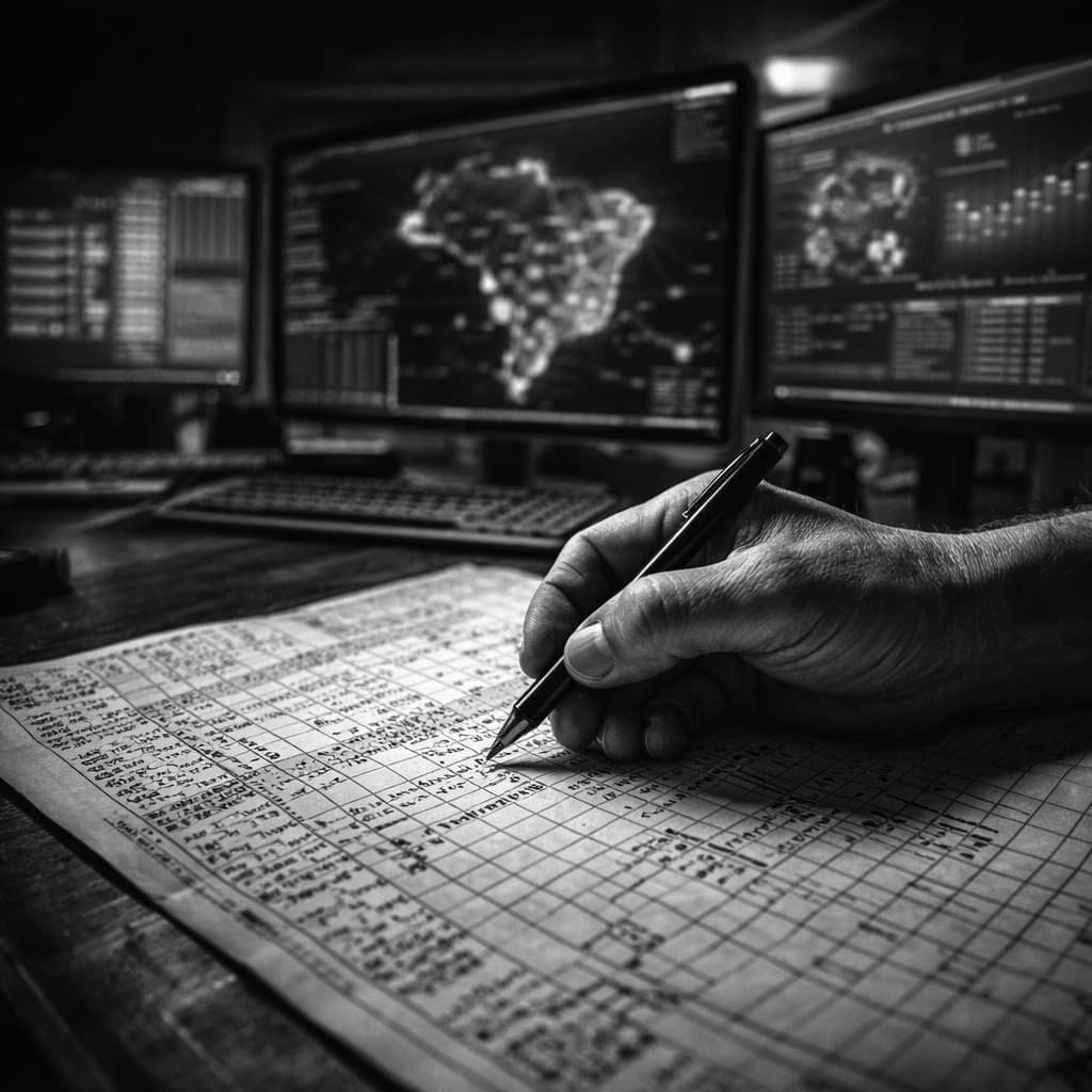 Hand on a logistics spreadsheet with data dashboards and a map in the background